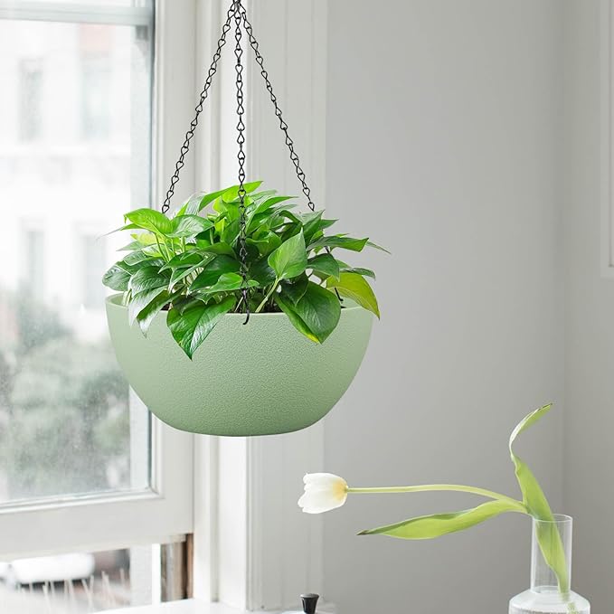 13 inch Large Hanging Planters Plant Pots for Outdoor Indoor Plants with Drainage Holes and Chain, 2 Pack Round Hanging Flower Pots for Garden Home Porch Decor, Green-Ruum Studio Home