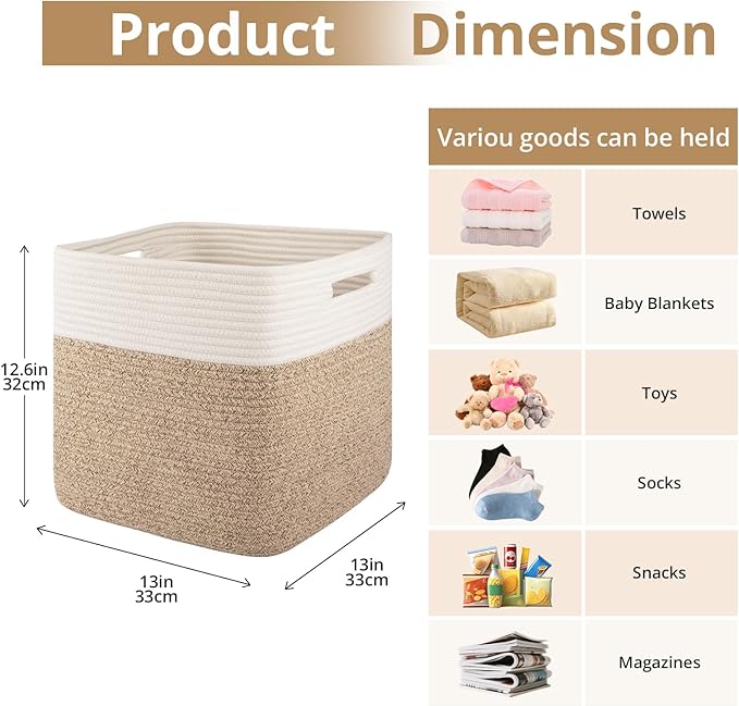 OIAHOMY 13 Kallax Inch Cube Storage Bins, 3-Pack Cotton Rope Woven Baskets for Organizing, Kallax Insert Storage Baskets for Shelves, Baby Nursery, Closet Organizer, 13*13*12.6IN, Brown & White-Ruum Studio Home