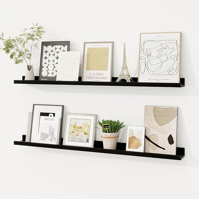 Picture Ledge Shelf, Solid Pine Wood Floating Shelves Set of 2, 36 Inches Nursery Book Shelves for Toys Storage, Kids Bookshelf Wall Mounted for Living Room Bedroom Decor Books Photo Frames, Black-Ruum Studio Home