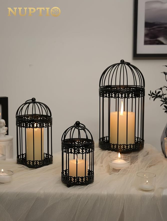 NUPTIO Decorative Bird Cages for Centerpiece: Black Vintage Bird Cage Hanging Lantern Set of 3 - Metal Birdcage Pillar Candle Holders for Halloween Party Table Fireplace Decor-Ruum Studio Home