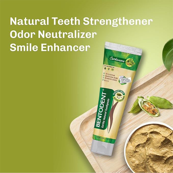 BENTODENT Fluoride Free Remineralizing Calcium Bentonite Clay Toothpaste - Cardamom Flavor Natural Toothpaste, Mint-Free, 3.52 oz - Ideal for Sensitive Teeth & Whitening with Toothbrush-Ruum Studio Home