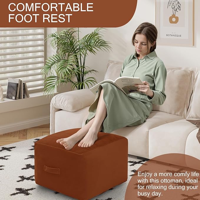 MeMoreCool Square Stuffed Pouf Ottoman Foot Rest, Floor Pouf Foot Stool with Foam Chunk Filling, Soft Stuffed Ottoman Footrest for Living Room, Coffee-Ruum Studio Home