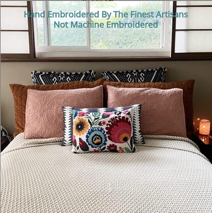 Lumbar Cream Floral Pillow Cover Polish Flower Accent Chair Pillowcase Couch Modern Farmhouse Couch Cushion Hand Embroidered Wool Size 14x20 Inch-Ruum Studio Home