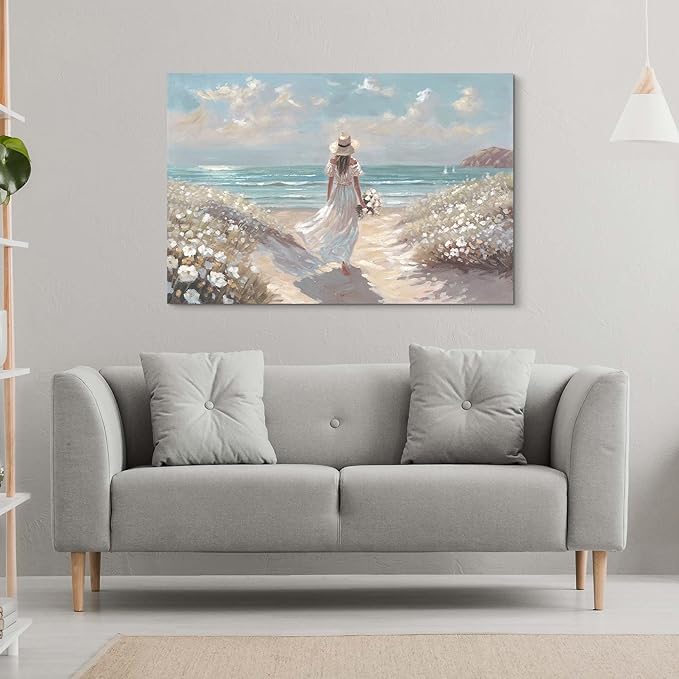cozy country Beach Wall Art 45"x30" - Coastal Pictures Ocean Canvas Decor - Nautical Artwork Seascape Hand Painting for Girls Room, Bedroom, Sea House-Ruum Studio Home