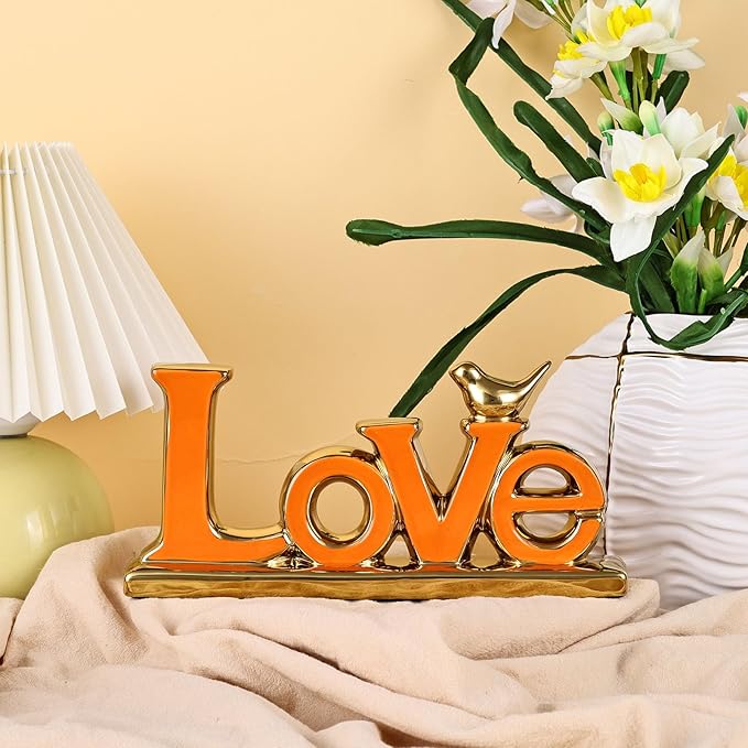Love Sign Decoration,Orange and Gold Love Signs for Home Decor,Gold Bird Sculpture Personalized Love Decor,Gold Style Figurine Decorative Ornaments for Living Room,Bedroom,Cabinets (Love, Orange)-Ruum Studio Home