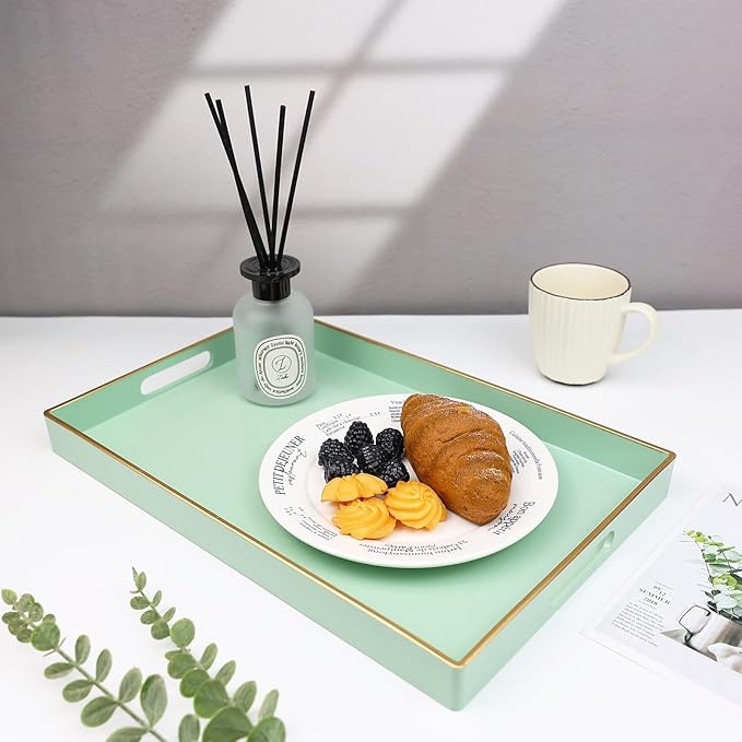 Spsyrine Green Decorative Serving Tray with Handles, Elegant Plastic Coffee Table Tray for Ottoman, Living Room, Home Decor 15.6" X 10.2"-Ruum Studio Home