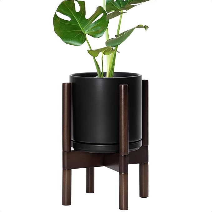 D'vine Dev Ceramic Planter with Walnut Color Stand - 8 Inch Modern Round Flower Pot with Wood Planter Holder, Black, 55-B-Y-2-Ruum Studio Home