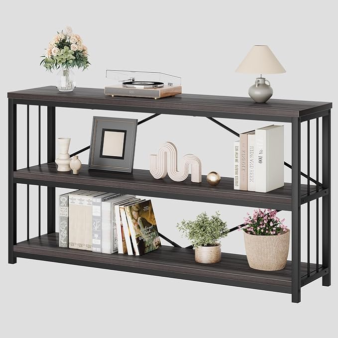 LVB Industrial Console Table, Metal and Wood Sofa Table, Rustic Entryway Table with Storage, Modern 3 Tier Shelf Long Foyer Tables Behind Couch for Home Living Room Hallway, Dark Gray Oak, 55 Inch-Ruum Studio Home