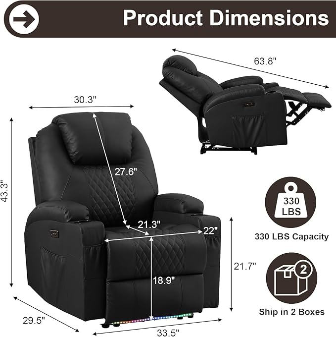 AHMED Power Recliner Chair with Vibration Massage & Heat for Adults, Faux Leather Home Theater Seating with Cup Holders/LED Lights/USB Ports/Side Pockets for Living Room, Black-Ruum Studio Home