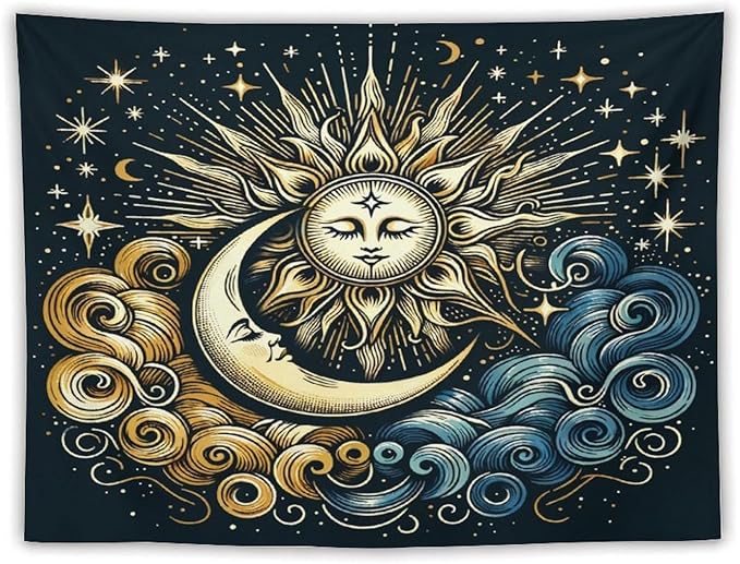 HZOHNAGO Sun Moon Tapestry Boho Golden Stars Pattern Printed Wall Tapestry Wall Hanging for Bedroom Living Room Dorm 80" W x 60" H-Ruum Studio Home