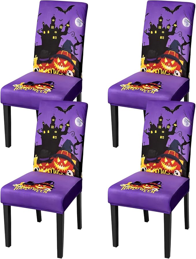 JQinHome Purple Halloween Chair Slipcover, Castle Chair Covers Set of 4, High Stretch Washable Chair Protector Cover for Dining Room, Kitchen,Home Party,Wedding Ceremony(Purple,4PC)-Ruum Studio Home