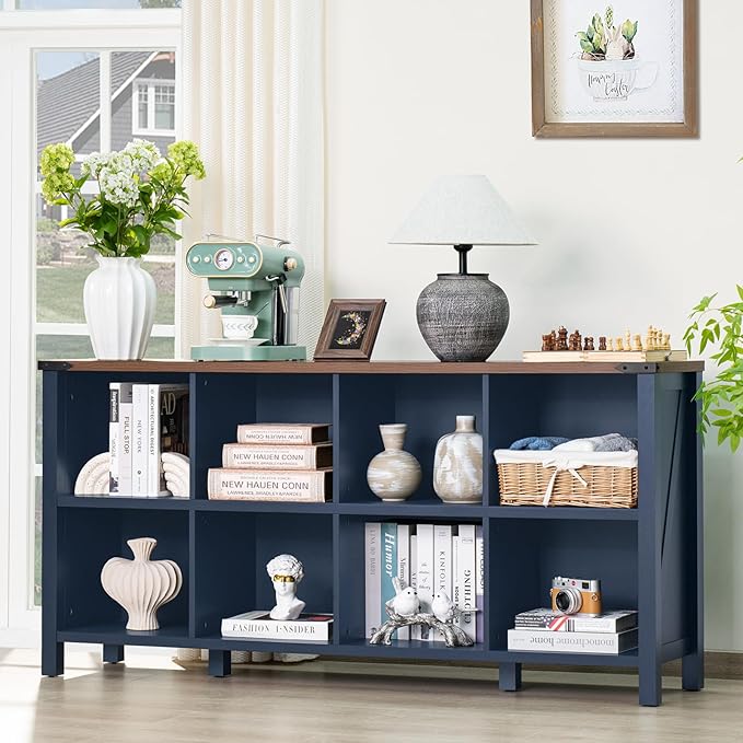 8 Cube Book Shelf, Farmhouse Wood Long Storage Organizer Bookcase, 62" Horizontal Navy Blue Console Closet Bookshelf, Hallway TV Stand for Entryway, Display Cabinet Book Case for Living Room-Ruum Studio Home