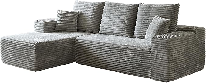 HYJT-H&K Modular Sectional Sofa Cloud Couch, 107" Comfy L Shaped Sectional Couches for Living Room, Deep Seat Memory Foam Plush Fluffy Corduroy Boneless Couch Sectionals Left Facing Sofa Chaise Grey-Ruum Studio Home