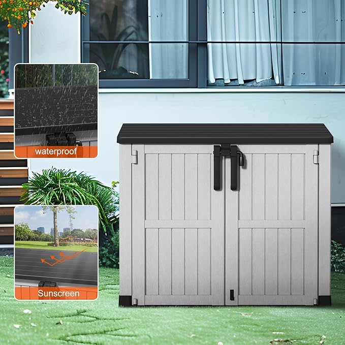 Outdoor Storage Shed Resin Tool Shed, 36 Cu Ft Waterproof Outdoor Horizontal Storage, Weather-Resistant Utility Shed with Air Vent for Trash and Lockable Doors, Garden Tools-Ruum Studio Home