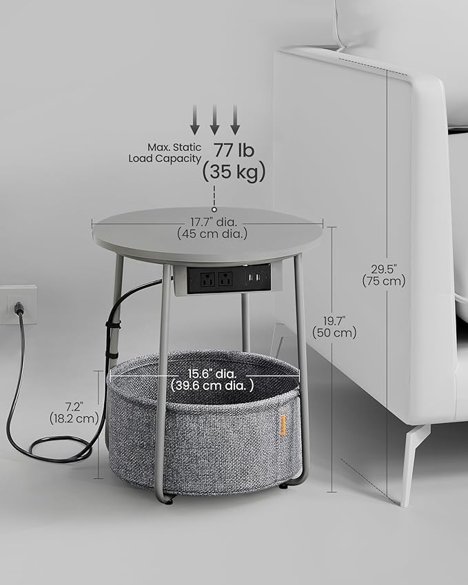 VASAGLE Side Table with Charging Station, Round End Table with Fabric Basket, Nightstand with Power Outlets, USB Ports, for Living Room, Bedroom, Modern, Dove Gray and Slate Gray ULET228G01-Ruum Studio Home