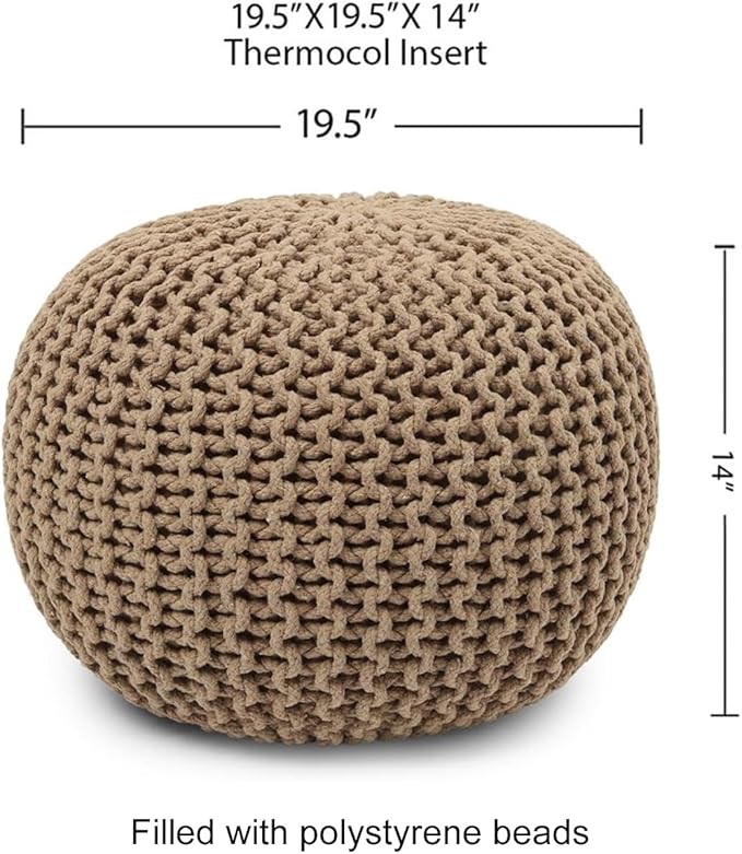 REDEARTH Round Pouf Ottoman - Hand Knitted Cable Boho Poof Home Décor Pouffe Circular Footrest for Living Room - Bedroom - Lounge - 100% Cotton (19.5"x19.5"x14") - Beige-Ruum Studio Home