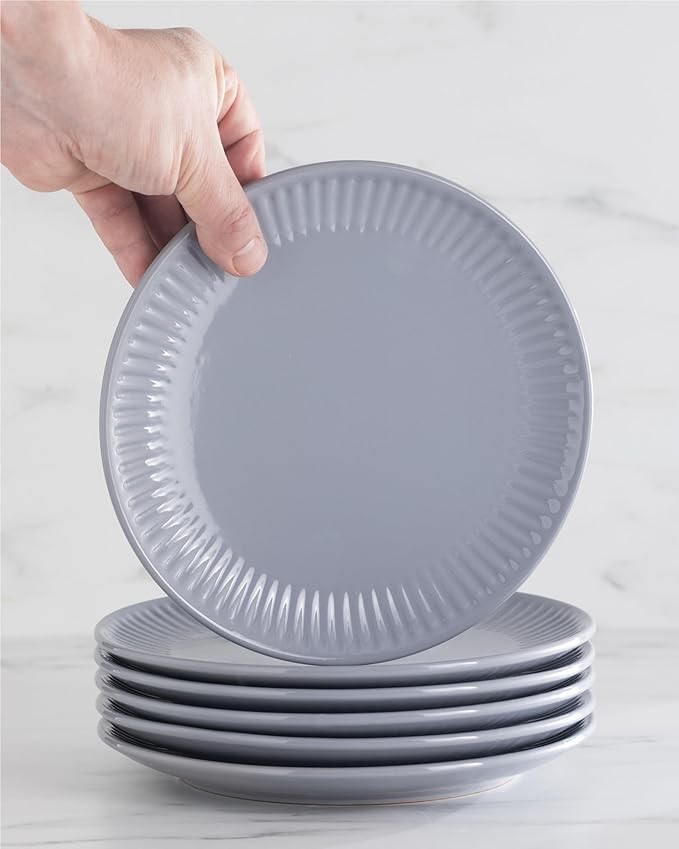 Stoneware Dinnerware Set for 4 People HYGGE 12-Piece - Elegant Scandi Design - Premium Dish Set - Bowl and Plate Set - Tableware for 4 People in a Ribbed Design - Pure Living in Gray-Blue-Ruum Studio Home