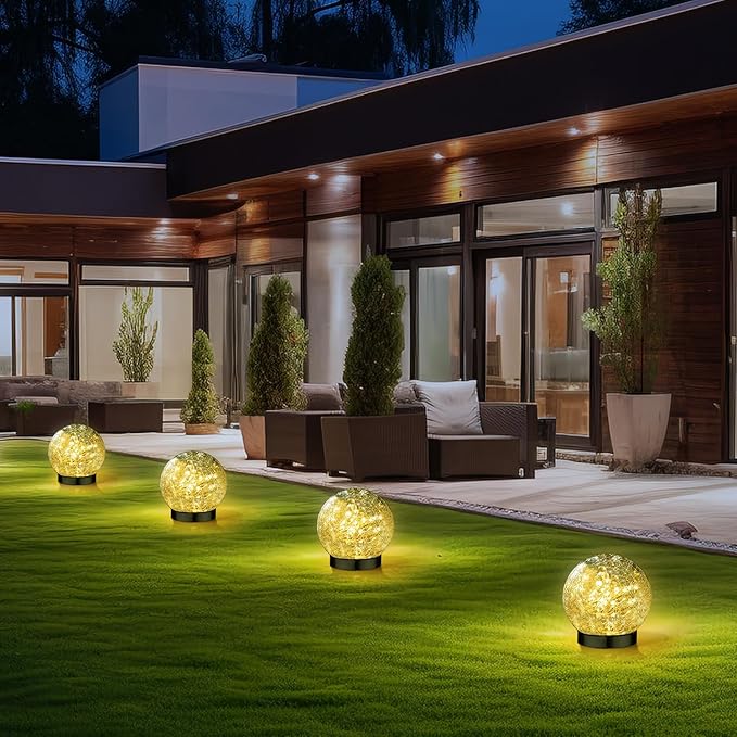 Solar Garden Lights Outdoor Waterproof, 4 Pack Cracked Glass Ball Light, Ground Landscape Garden Decor, Solar Globe Decorative for Pathway/Patio/Lawn/Yard (Warm White, 4.7")-Ruum Studio Home