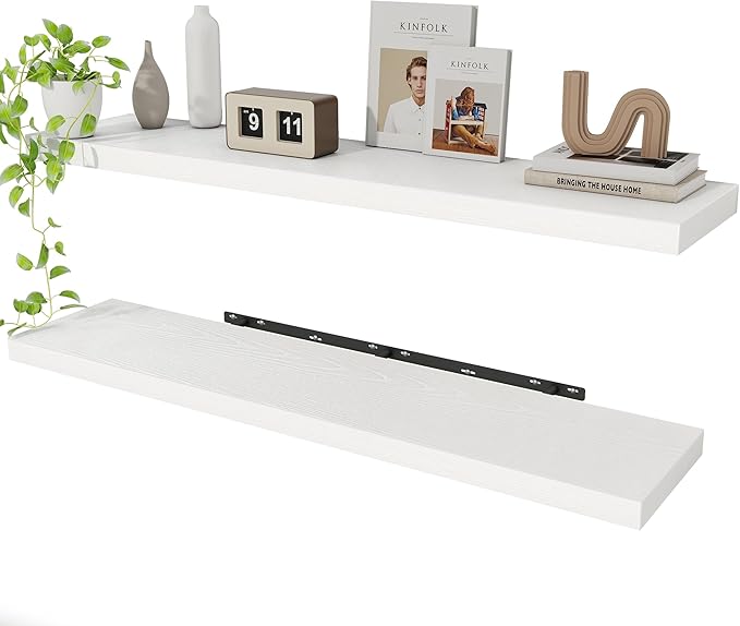 White Floating Shelves Wall Shelf 48 Inch, 8 Inch Deep Floating Shelf for Wall, Farmhouse Black Wood Shelves Invisible Bracket for Living Room, Bedroom, Kitchen, 48 x 9.3 x 1.4 Inch, Set of 2-Ruum Studio Home