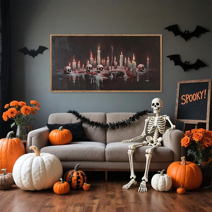 Aurlan Gothic Bloody Skull and Candles Framed Wall Art(40"x20"), Large Horror Dark Academia Halloween Skeleton Canvas Artwork, Modern Goth Spooky Creepy Ghost Decor for Home Office Bedroom-Ruum Studio Home