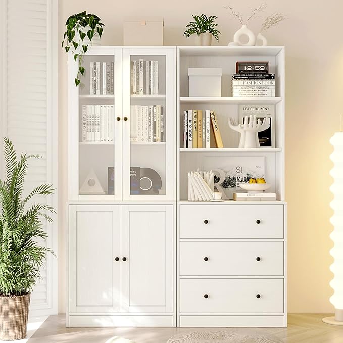 TUSY 71" Bookshelf Bookcase, 3-Tier Modern Bookshelves 3 Large Drawer, Wood Filing Cabinet with Open Storage Shelf, Glass Doors 5-Tier Fixed Storage Shelves for Home Office-Ruum Studio Home