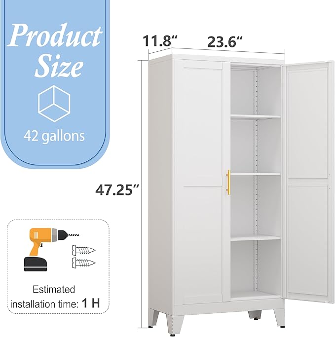 White Metal Storage Cabinet, 48" Steel Cabinets for Home Office, Kitchen Pantry Storage Cabinet with Doors and 3 Adjustable Shelves, for Office, Home, Garage, School-Ruum Studio Home
