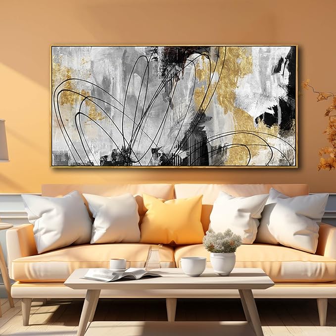 YJYart Abstract Wall Art Office Decor Gold Wall Decor for Living Room Black and White Artwork Line Art Frame Room Decor for Bedroom 24X48 Inch-Ruum Studio Home