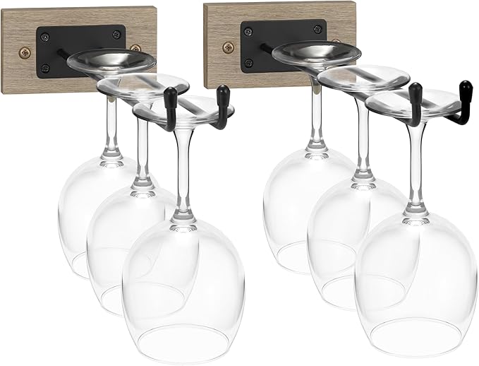Sorbus Wall Mounted Wine Glass Stemware Rack Set - Wire & Wood Wine Rack Wall Mounted for Wine Glasses, Champagne Glasses, and Drinkware - Complete Your Home Bar & Kitchen Storage, Grey-Ruum Studio Home