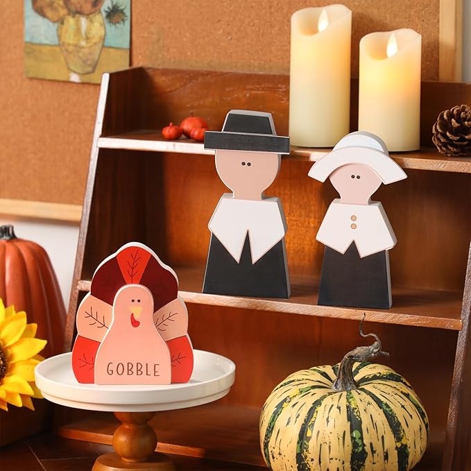 Amorita Fall Thanksgiving Decorations Wooden Turkey Pilgrim Couple Table Sign 3 Pcs Fall Thanksgiving Decor Standing Tabletop Sign Decor for Autumn Harvest - Z-Ruum Studio Home