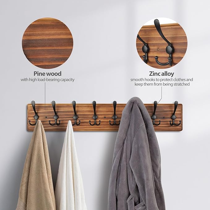 Coat Rack Wall Mount, Wooden Heavy Duty Coat Rack for Wall,8 Triple Coat Hanger Hooks for Hanging Coats,Jacket,Hat,Clothes (Brown, 8 Hooks)-Ruum Studio Home