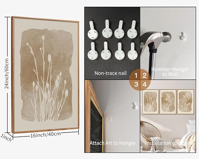 SIGNINART Boho Botanical Framed Canvas Wall Art Set, Neutral Wildflower Wall Decor, Vintage Floral Wall Painting, Art Print for Farmhouse Living Room, Bedroom, Office, Bathroom 16"x24"x3-Ruum Studio Home