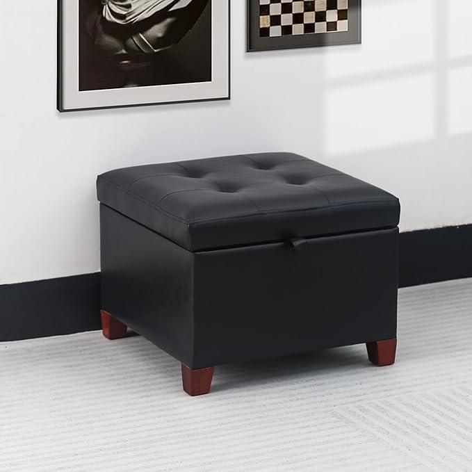 Adeco Faux Leather Storage Ottoman with Hinged Lid, 14 Inch High Black Square Cube Foot Stool with Storage, Upholstered Vanity Stool with Solid Wood Legs for Living Room, Bedroom, Dorm-Ruum Studio Home
