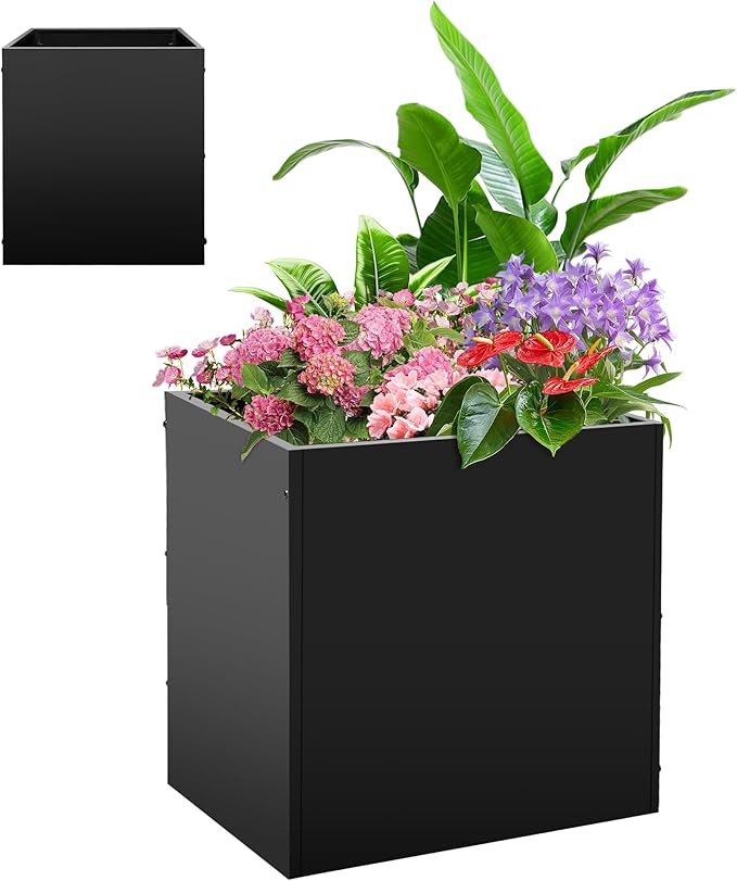 Metal Rectangular Planter Box, Small Planter Boxes Outdoor, 18''L x 18''W x 20''H Heavy Duty Plant Box with Removable Insert Shelf, 3 Tier Adjustable Height Tall Garden Planter for Plants, Flowers-Ruum Studio Home
