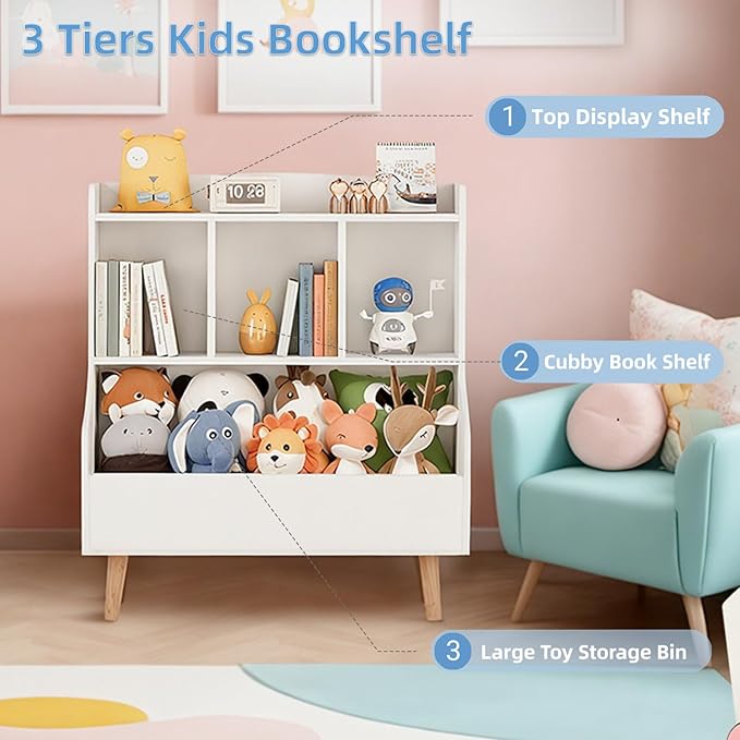 Kids Bookshelf and Toy Storage, 4-Cubby Toy Storage Organizer with Bookcase, Wood Kid Storage Cubby, 24"L x 14"D x 28"H Montessori Toy Shelf, Toddler Book Shelf for Kids Room Nursery Playroom-Ruum Studio Home