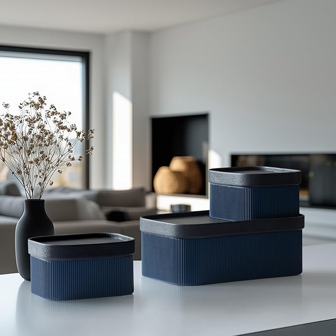 La Jolie Maison Fluted Cardboard Storage Baskets with Vegan Leather Lids, Sturdy Stackable Paper Boxes Decorative Tray, Basket Organizer Bins for Bathroom Bedroom Organizing, Navy Blue, Set of 3-Ruum Studio Home