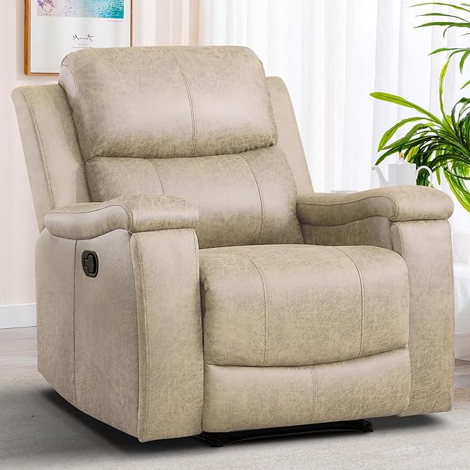 EBELLO Recliner Chair, Single Overstuffed Sofa Recliner, Breathable Faux Leather Manual Reclining Chairs with Hidden Cup Holder, Arm and Back for Adults, Living Room, Bedroom, Beige-Ruum Studio Home