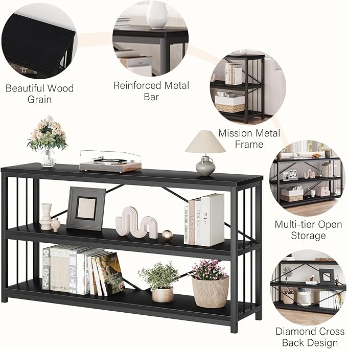 LVB Black Entryway Table, Modern Narrow Console for Hallway, Industrial Farmhouse Foyer Table with Storage Shelves, 63 Inch-Ruum Studio Home