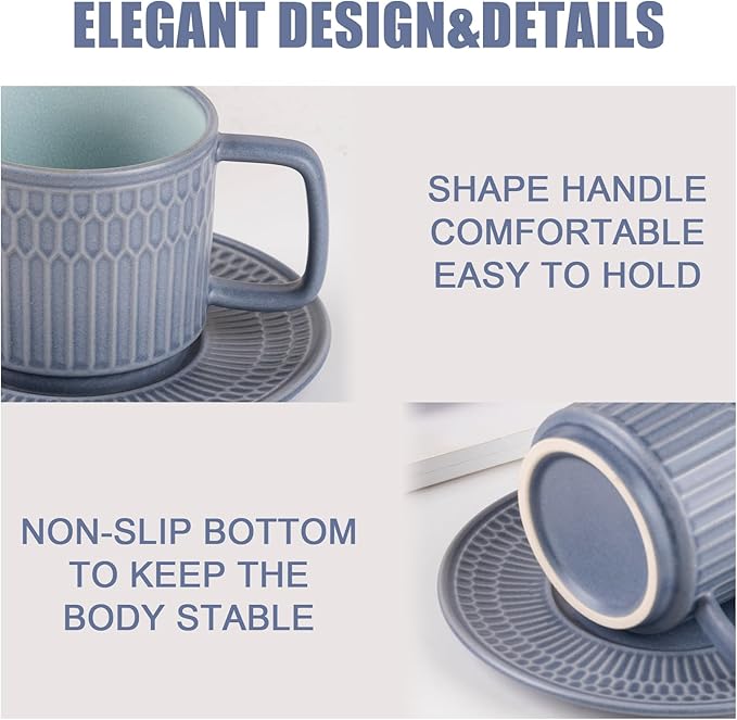 Large Cappuccino Cups with Saucers Set of 4, 8 Ounce Stackable Embossed Ceramic Coffee Mugs for Specialty Coffee Drinks, Latte, Cafe Mocha and Tea, Dishwasher & Microwave Safe (Blue)-Ruum Studio Home