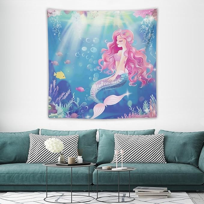 HZOHNAGO Mermaid Girls Tapestry Watercolor Mermaid Princess Pink Hair Pattern for Kids Room Decoration Printed Wall Tapestry Wall Hanging for Bedroom Living Room Dorm 60" W x 60" H-Ruum Studio Home