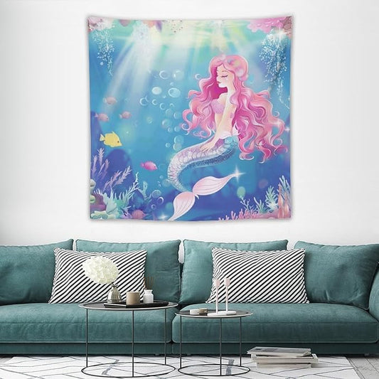 HZOHNAGO Mermaid Girls Tapestry Watercolor Mermaid Princess Pink Hair Pattern for Kids Room Decoration Printed Wall Tapestry Wall Hanging for Bedroom Living Room Dorm 60" W x 60" H-Ruum Studio Home