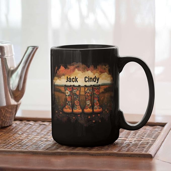 Custom Couple Mug with Floral Boots Design, Personalized Name Coffee Mug 11oz 15oz, Fall Inspired Ceramic Coffee Cup, Custom Autumn Scene Black Cup, Gifts for Boyfriend, Girlfriend-Ruum Studio Home