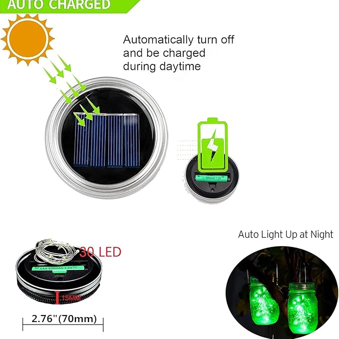 ZNYCYE Solar Mason Jar Lights, 12 Pack 30 LED Fairy Firefly Mason Jar Lids Outdoor Waterproof String Lights with Hangers(NO Jars) for Regular Mouth Jars Patio Garden Yard Wedding Decoration - Green-Ruum Studio Home