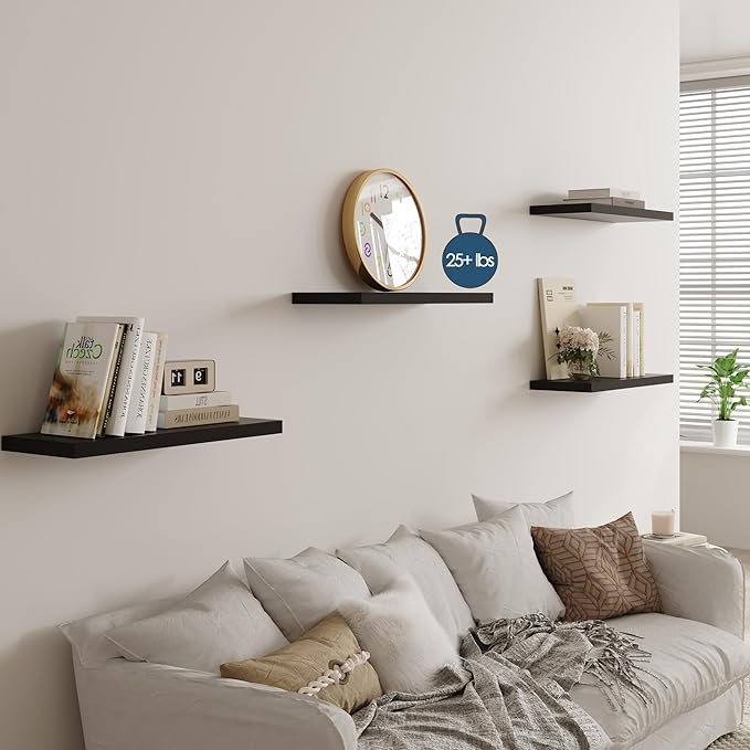 Wall Shelf Set of 2, Black Floating Shelves 36 in W x 10 in D x 1 in H, Wooden Floating Wall Shelf with Invisible Brackets for Living Room/Bedroom/Bathroom/Kitchen Storage and Decor-Ruum Studio Home