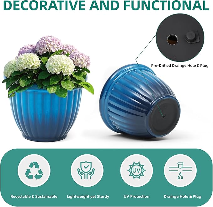 15" H Large Flower Pots, Set of 2 Plastic Planters for Outdoor Plants with Gradient Blue Finish and 3D Textures, Weather-Resistant for Porch, Garden, Patio or Indoor Use-Ruum Studio Home