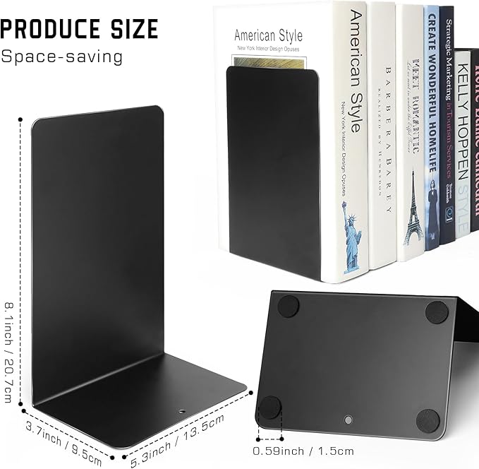 VONDERSO Metal Bookends, 4 Pairs Black Metal Book Ends Heavy Duty for Shelves Decor Home Office, Unique Black Bookends Supports Anti-Slip for Kids-Ruum Studio Home