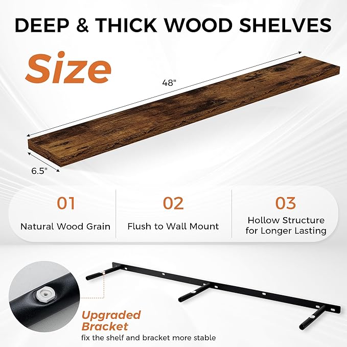 Floating Shelves for Wall, 48 Inch Floating Shelves for Home Decor, Wall Mounted Rustic Wood Shelves, Bathroom, Hanging Deep Shelf for Bedroom, Living Room, Kitchen (Rustic Brown, Set of 2)-Ruum Studio Home