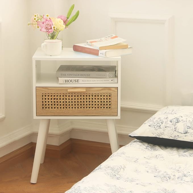 MaxSmeo Nightstand with Charging Station, Bedside Tables with Rattan Drawer, Mid Century Modern Nightstand, End Table for Living Room, Bedroom and Small Spaces, Easy Assembly (White)-Ruum Studio Home
