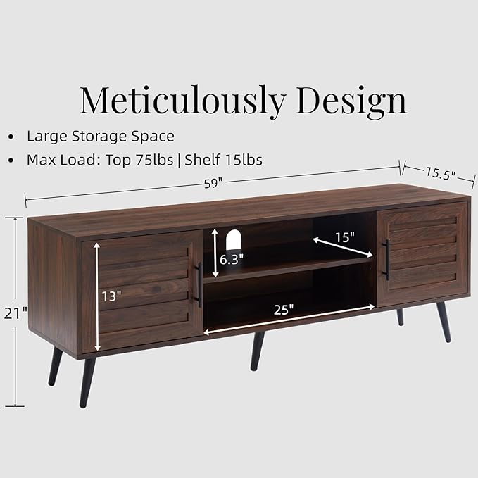 Mid Century Wooden TV Stand Entertainment Console with Open Shelving and 2 Cabinets for Televisions up to 65 Inches(Dark Walnut)-Ruum Studio Home