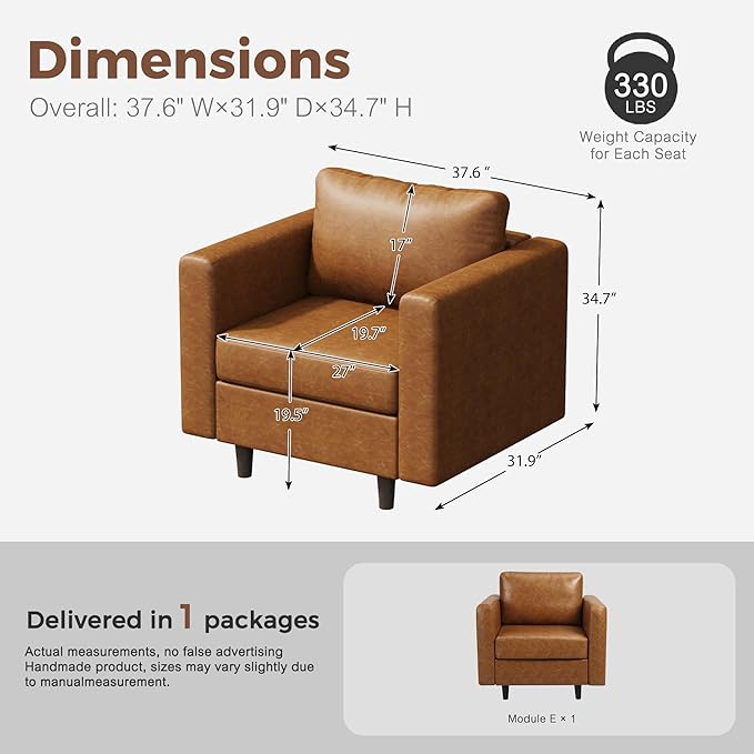Faux Leather Single Sofa, Modern Accent Chair Brown with Storage Deep Seat Large Reading Armchair for Living Room Bedroom Office-Ruum Studio Home