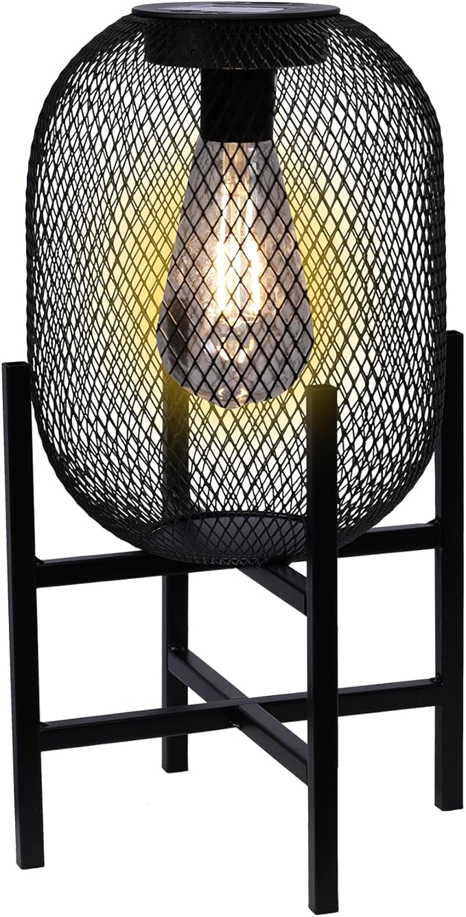 Solar Mesh Lantern Outdoor – 13.8" Tall Black Metal Patio Light with Edison Glass Bulb, Solar Powered Warm Glow LED, Waterproof IP65 for Garden, Porch, Deck, Tabletop Decor-Ruum Studio Home